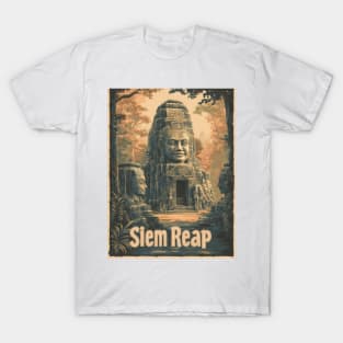 Visitors admire the magnificent stone faces of Angkor Thom, illuminated by the fading light of dusk, amidst the vibrant greenery of the T-Shirt